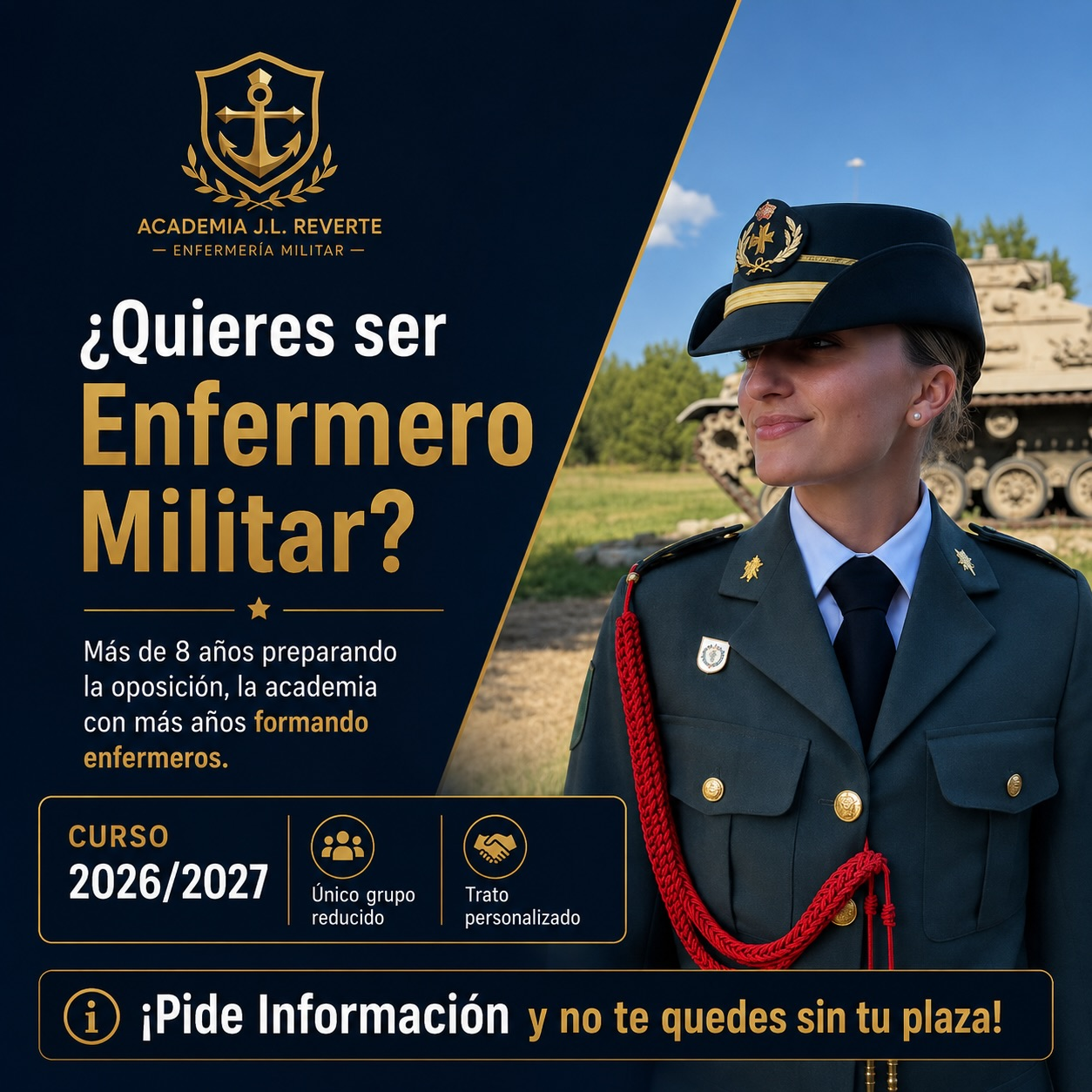 🔥 CURSO 2026 / 2027 🔥 NO TE QUEDES SIN TU PLAZA
♦️ ACADEMIA J.L. REVERTE ♦️
🪖 ENFERMERÍA MILITAR 💉
🚑🪖 ¿QUIERES SER ENFERMERO MILITAR? 🚑🪖
DESARROLLA TU PROFESIÓN EN UN AMBIENTE DIFERENTE 💉🩺
SERVICIO, VOCACIÓN Y EXCELENCIA OPERATIVA 🇪🇸
📌 Reserva tu matrícula con antelación
👥 Plazas limitadas – Grupos reducidos
🎯 Preparación específica para OPOSICIONES DE ENFERMERÍA MILITAR
🌐 www.enfermeriamilitarreverte.es
☎️ +34 690 70 64 46
📩 enfermeriamilitar.reverte@gmail.com