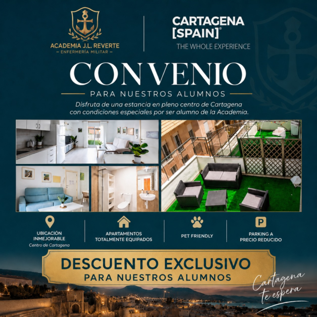 🚨🚨NUEVO CONVENIO PARA NUESTROS ALUMNOS🚨🚨
Desde Academia J.L. Reverte – Enfermería Militar seguimos trabajando para facilitar al máximo la preparación y la estancia de nuestros alumnos en Cartagena.
Nos alegra anunciar que hemos alcanzado un acuerdo de colaboración con Cartagena Spain, mediante el cual nuestros alumnos podrán beneficiarse de condiciones especiales de alojamiento durante su estancia en Cartagena.
🏠 Apartamentos totalmente equipados
📍 Ubicación en el centro de Cartagena
🚗 Parking a precio reducido
💰 Descuento exclusivo para alumnos de la Academia
IMPORTANTE: estas condiciones especiales están destinadas exclusivamente a reservas realizadas para grupos completos de alumnos de la Academia J.L. Reverte.
No son aplicables a reservas individuales.
La gestión de las estancias y la aplicación de las condiciones del convenio se realizará a través de https://cartagenaspain.com
Una ventaja más para que nuestros alumnos puedan centrarse en lo realmente importante: su preparación.
⚓ Academia J.L. Reverte – Enfermería Militar
🎓 Grupo reducido · Trato personalizado
#EnfermeríaMilitar #AcademiaJLReverte #Cartagena #CartagenaSpain #OposicionesEnfermería Enfermería FuerzasArmadas Oposiciones2027 EnfermeriaMilitar PreparacionOposiciones